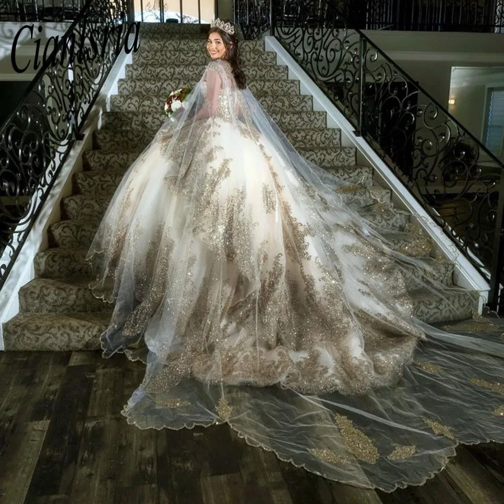 

Quinceanera Dresses Gold Floral Appliques Sweet 16 Prom Gown With Cape Tiere Mexican Girls vestidos de 15 años