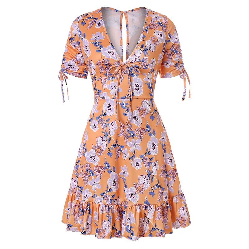 

wish AliExpress Amazon Ebay hot sexy short sleeve V-neck print ruffle bandage dress
