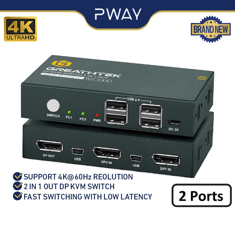 PWAY USB KVM Switch Keyboard And Mouse Splitter With 2 DP Port Support