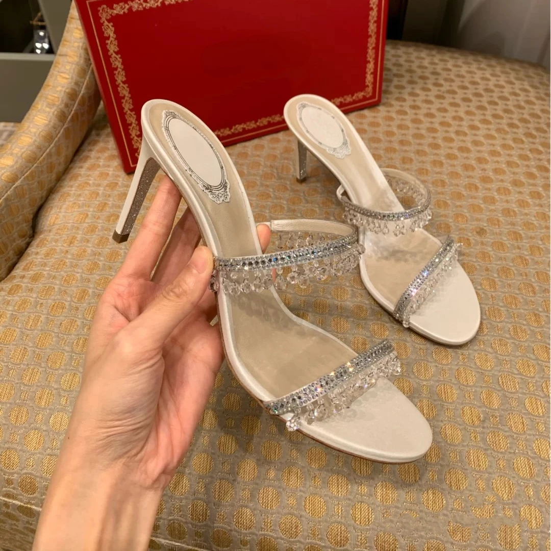 

2022 Summer New Sandals with Transparent Crystal Rhinestones High-heeled Stiletto Women's Slippers