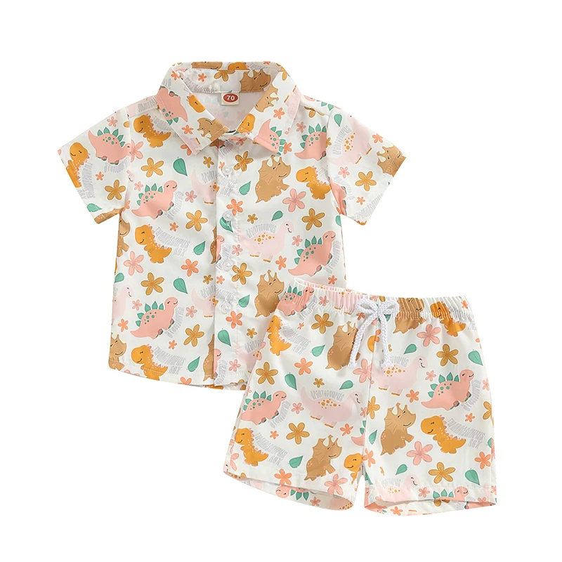 

Boys Summer 2PCS Shorts Sets Short Sleeve Dinosaur Print Button Up Tops and Shorts Sets