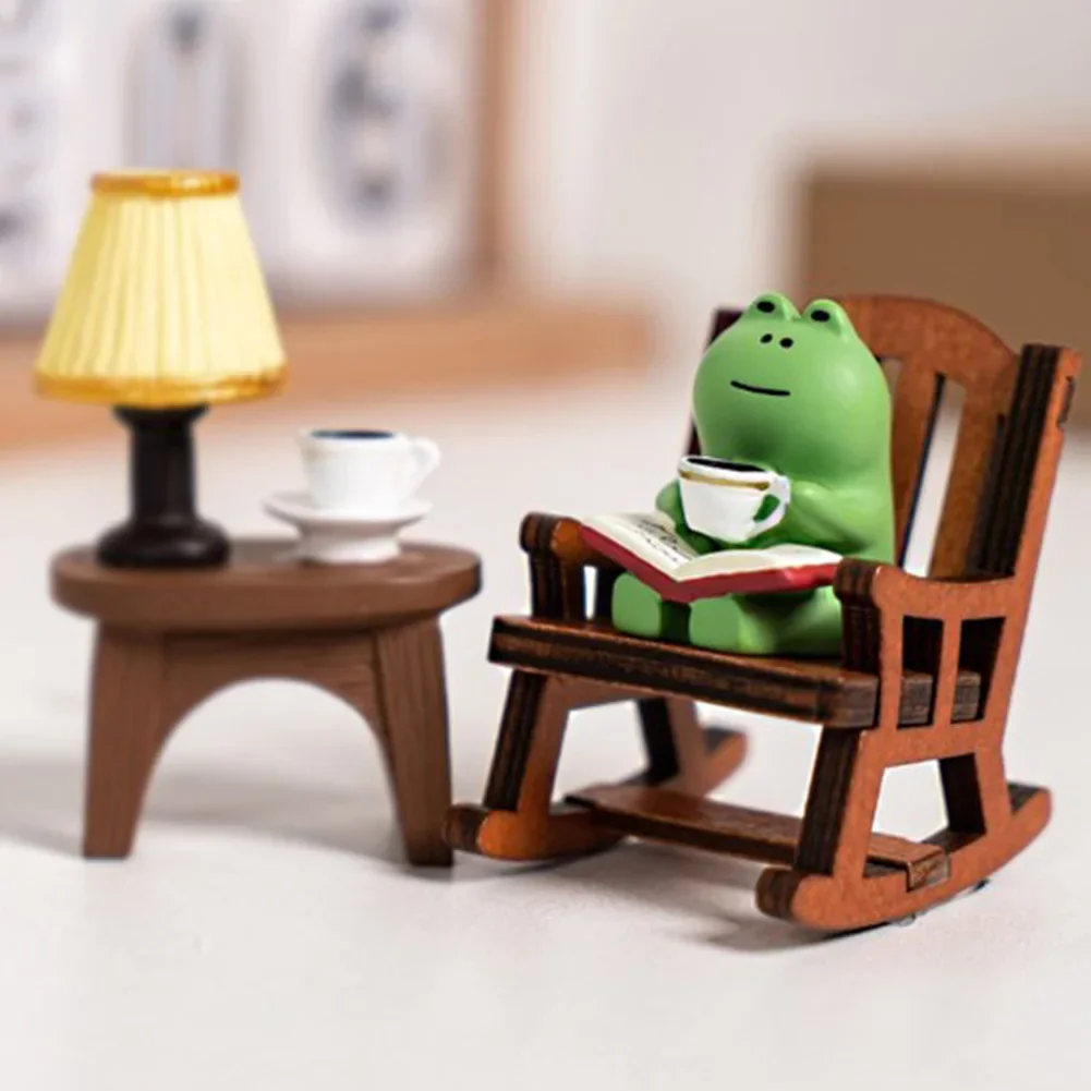Adorable Mini Frog Resin Figurine in Rocking Chair Design with Book and Coffee Cup Decor