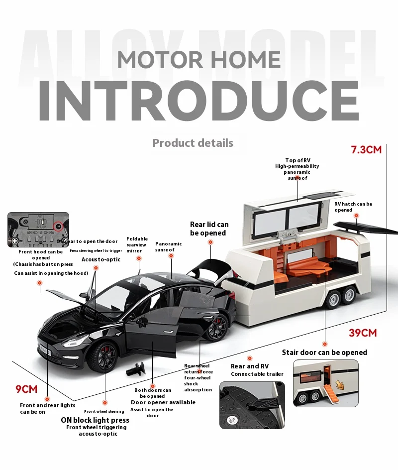 1:24 Scale Tesla Model 3 Trailer Rv Model Children'S Toy Car With Sound And Light