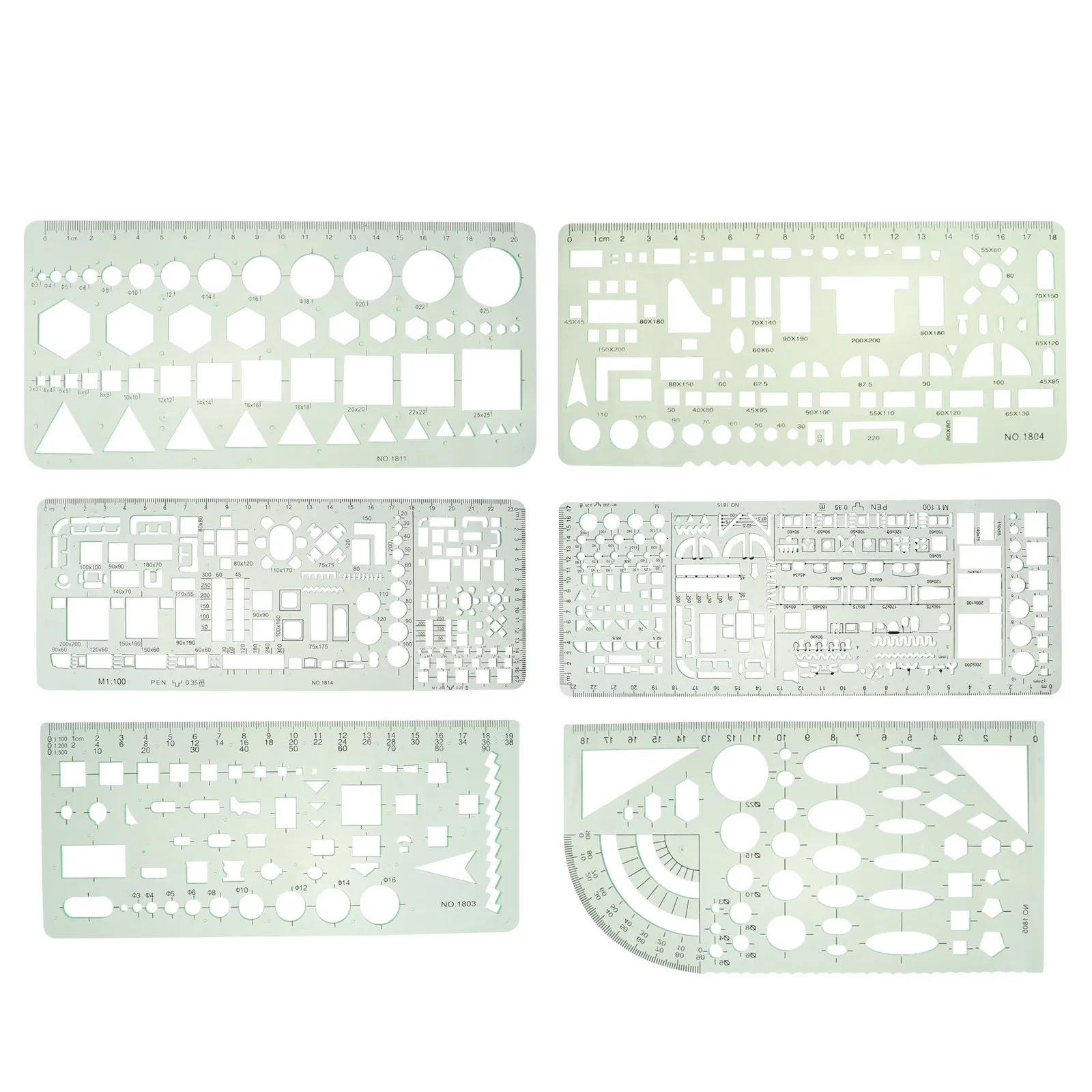 6Pcs 녹색 플라스틱 기하학적 드로잉 템플릿 눈금자 세트 학교 사무실 건축 예술 측정 템플릿용 도면 도구