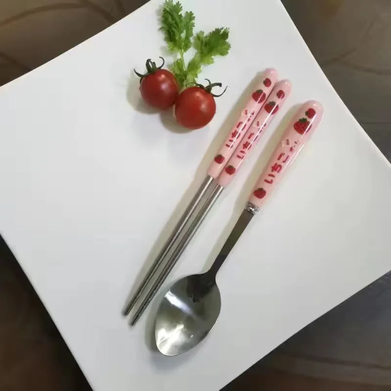 Cute Strawberry Korean Chopsticks Spoon Fork Cutlery Set Stainless Steel  Travel Tableware With Case Portable Kitchen Utensils - AliExpress