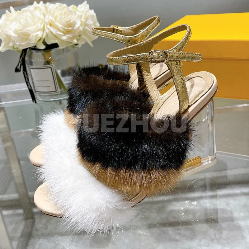 

Summer 2024 New Style Lady Sandal Round Head Mixed Colors Fur Material Ladies Shoes Trend Fashion Women Sandals