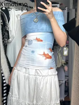 Kimotimo Goldfish Printing Mesh Y2k T-shirt Women Harajuku Slash Neck Slim Fit Crop Top Summer Short Sleeve Street Gothic Tees 1