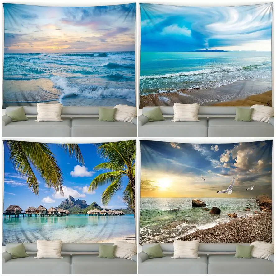 Sea Waves Landscape Tapestry Foglie Di Cocco Dusk Ocean Beach Nature Scenery Home Soggiorno Camera Da Letto Dorm Decor Wall Hanging