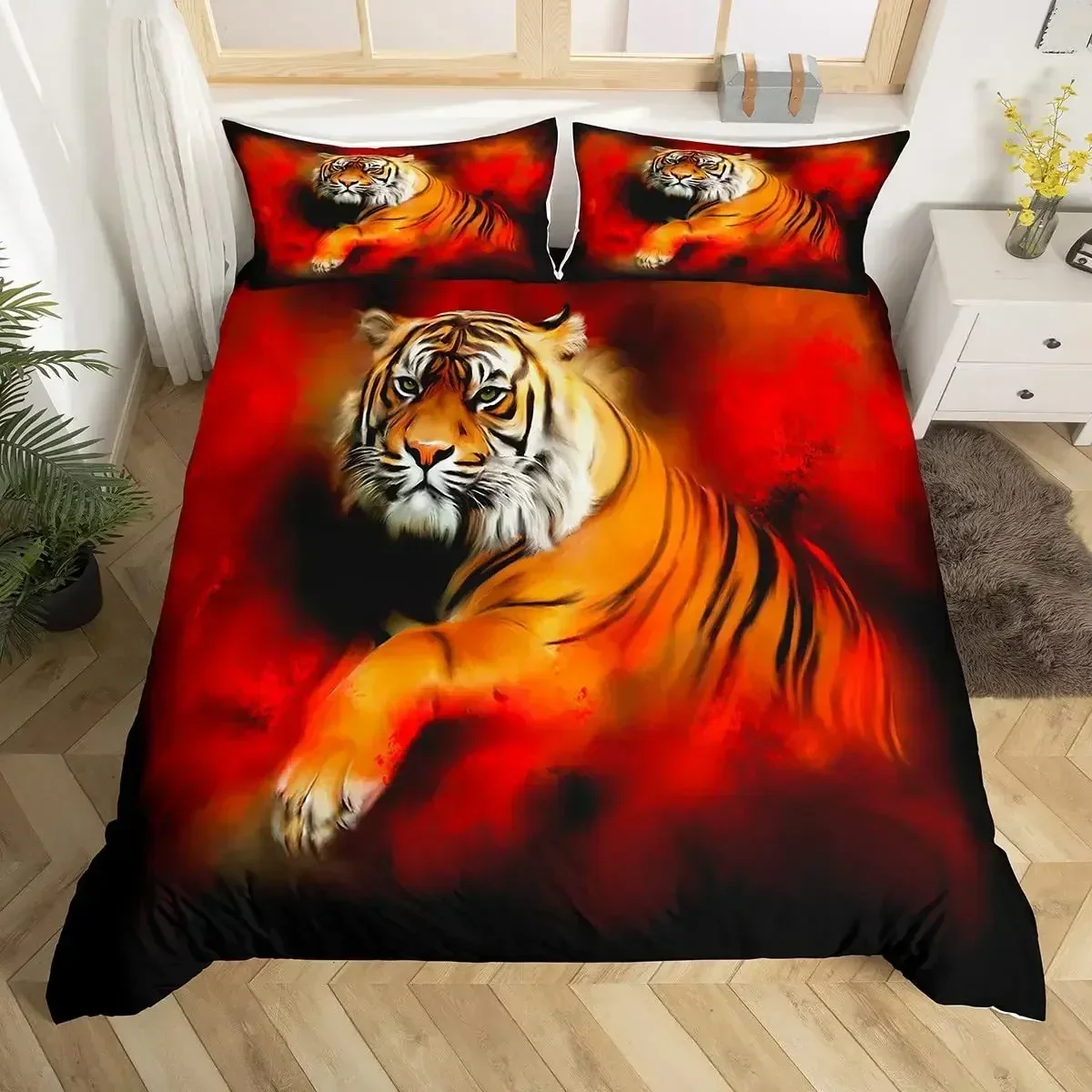 Luxury New 3D Print White Tiger Red Rose King Queen Duvet Cover Africa Big Cat Flower Bedding Set Teen Adult Animal Quilt Cover