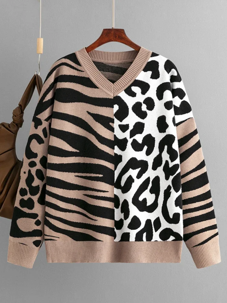 

Autumn Winter 2023 New Color Matching Leopard Sweater Long Sleeve Tops Vintage Knitting Pullover Oversized Sweater Women Jumper