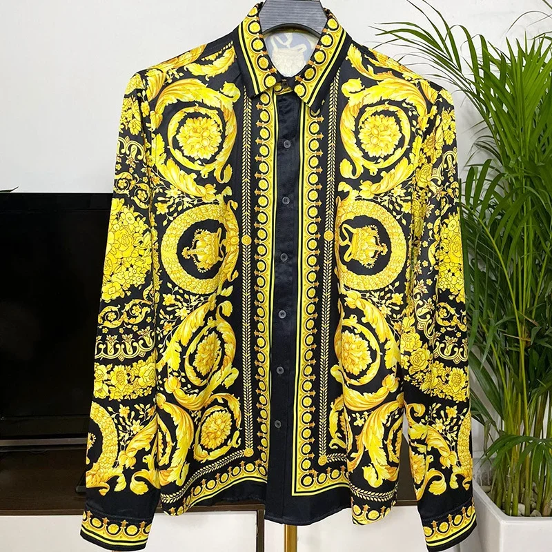 

Luxury Royal Gold Printed Shirt Men Long Sleeves Floral Baroque Designer Shirt Men High Street Vintage Party Brand Casual Tops