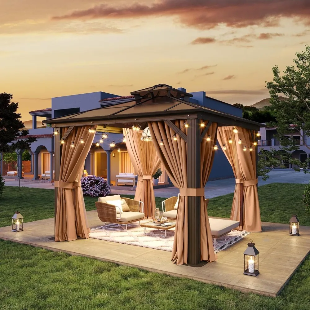 10'x10' Hardtop Gazebo, Outdoor Polycarbonate Double Top Canopy, Aluminum Frame Gazebo with Netting and Curtains, Gazebos 2