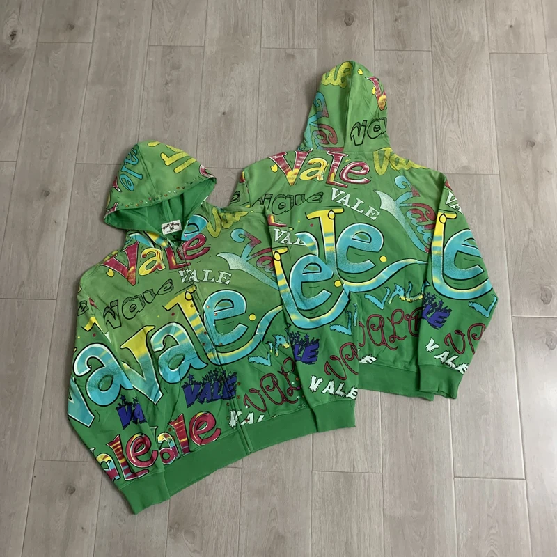 VALLEY Oversized Vintage Graffiti Cursive Text Zip Hoodie All Over Print Fit Y2K Hip Hop Sweatshirt Men's Clothing