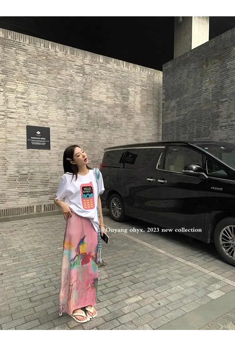 2025 Spring Autumn New Printed Half Length Skirt for Women's Summer High Waist Tulle Long Skirt Woman Split Straight Skirt
