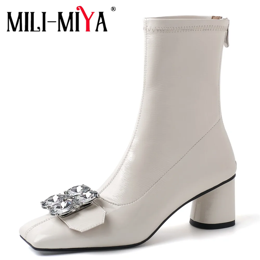 

MILI-MIYA New Arrival Crystal Buckle Women Cow Leather Ankle Boots Square Toe Round Thick Heels Zippers Plus Size 34-40 Handmade