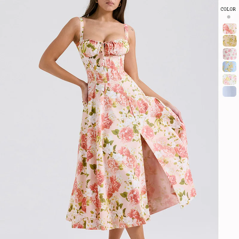 HMR-Summer New Sexy Backless Slim Fit Sling Dress Vacation Style Floral Split Mid-Length Skirt