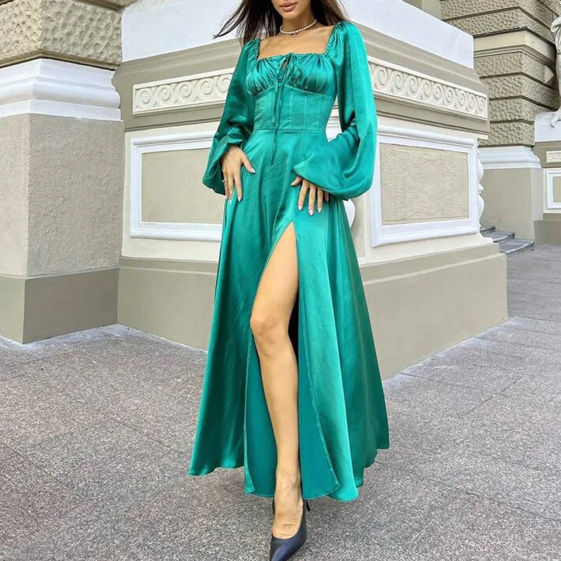 

Cutubly Satin Long Formal Gowns And Evening Dresses Puff Sleeve Lace Up Loose Robe 2023 New Elegant High Split Long Prom Dress