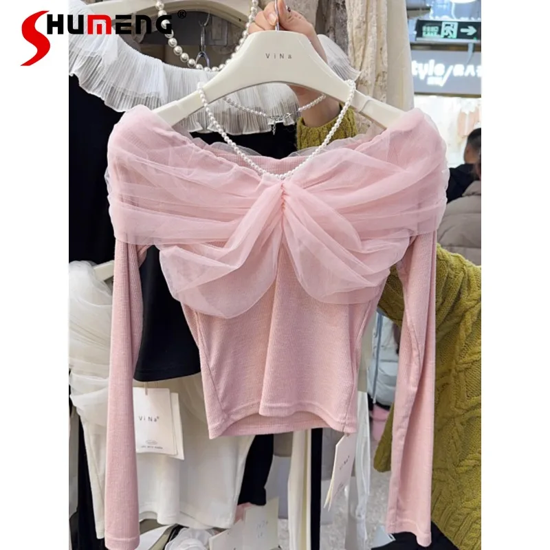 Sweet Women's Long-Sleeved Beaded Pink Shirt 2024 Spring New Bow Mesh Stitching Off-Shoulder Halter Top Short Bottoming Shirts