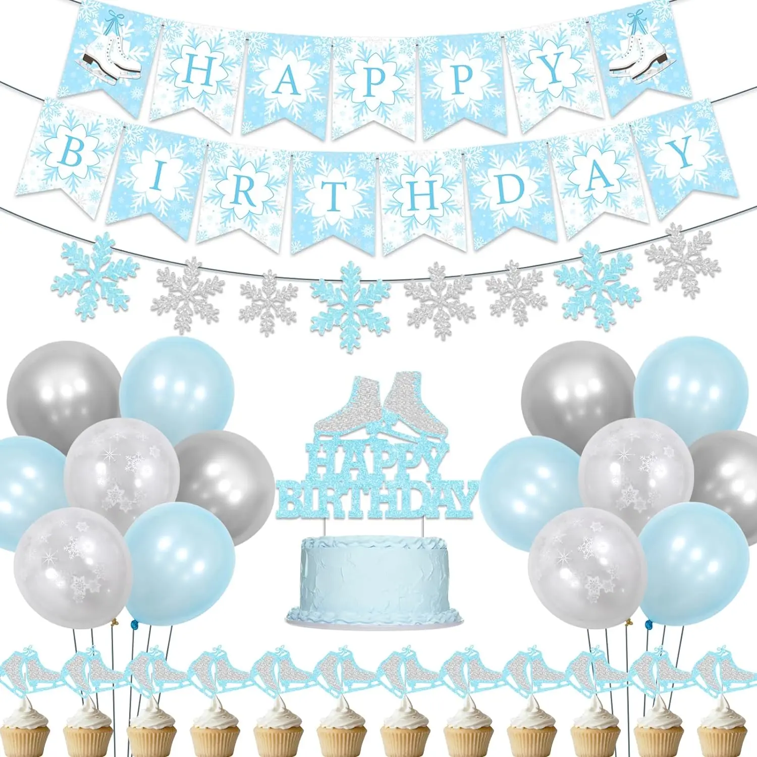 

Ice Skating Birthday Party Decor Snowflake Garland Happy Birthday Banner Balloons Cupcake Toppers for Winter Birthday Party