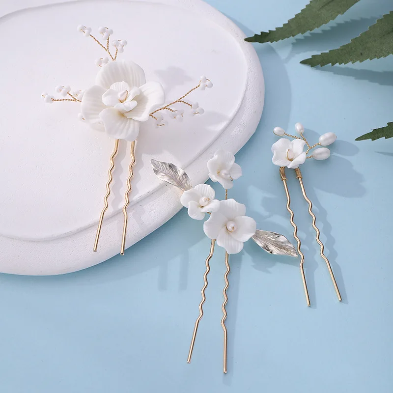 Simple U Shaped Hair Sticks Bride Wedding Headdress White Porcelain Flower Hairpins Hair Clips Bridal Jewelry Fairy Headpieces hair accessory,hair stick,hair clip,hair headdress,jewelry accessories,bridal headwear