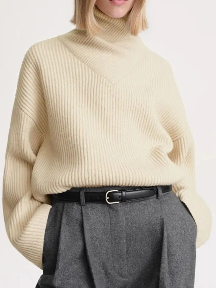 

Women Sweater Turtleneck Long Sleeve Solid Color Loose 2023 Autumn 100% Wool Pullover