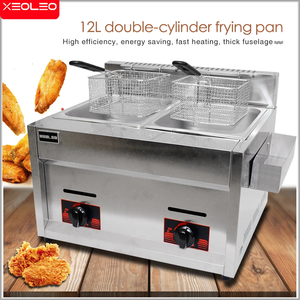 Produktbild von Doppel Gas Fritteuse 6L+6L – Edelstahl, Getrennte Temperaturregelung, Inkl. 2 Körbe & Deckel, Für Pommes, Hähnchen & Mehr, Gewerblich & Privat
