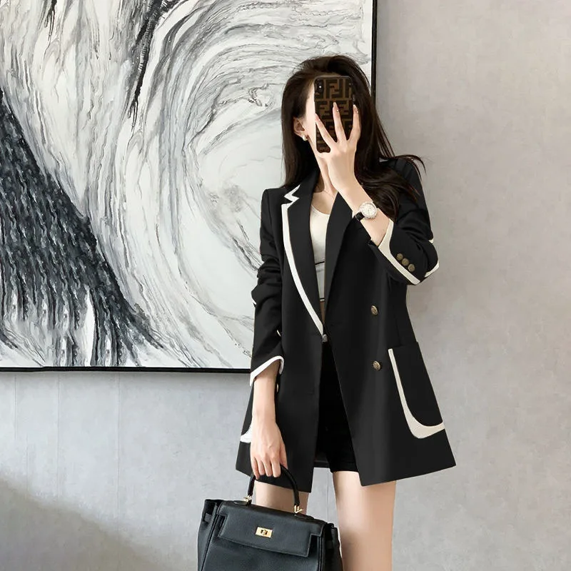 Women Korean Fashion Notched Contrast Color Street Chic Oversized Blazers Jacket Spring Autumn Casual Long Sleeve Outerwear Tops