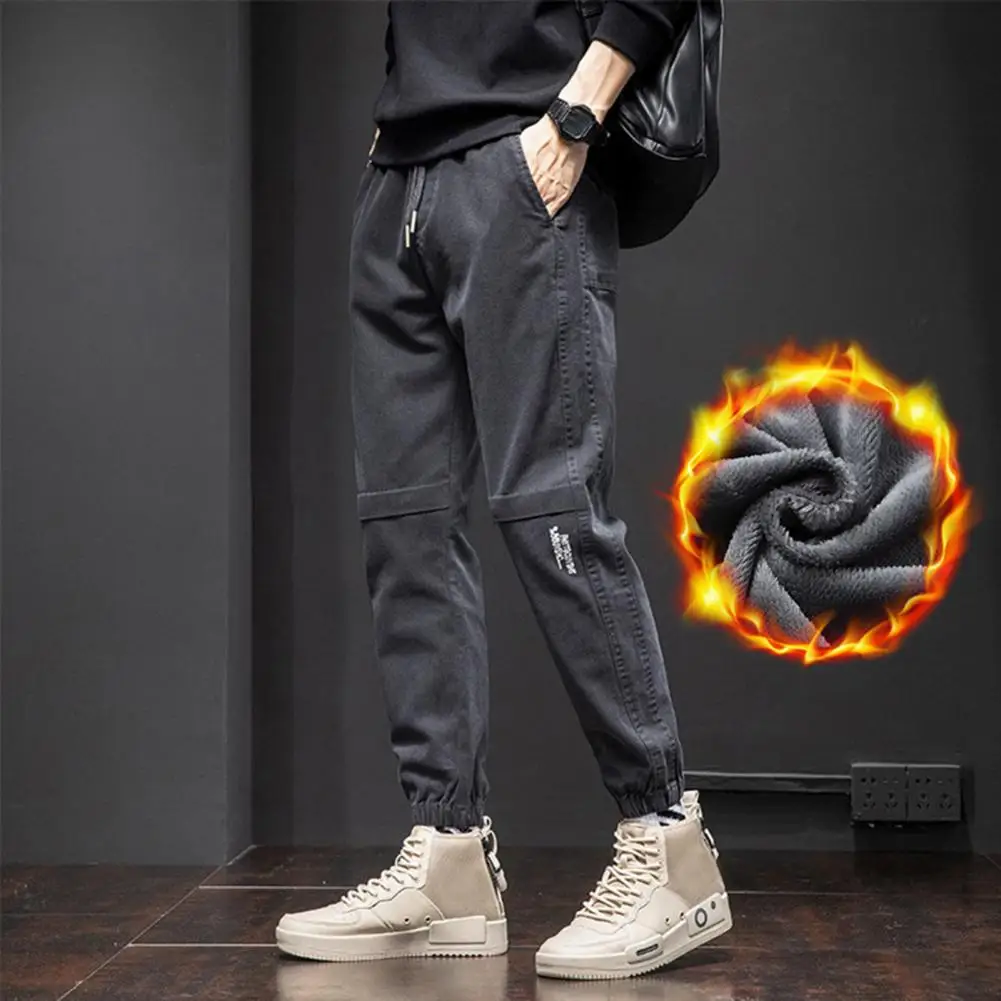 

Autumn Winter Baggy Jeans Man Brushed Thicken Wool Plush Cowboy Black Korean Designer Clothing Cargos Drawstring Slim Trousers