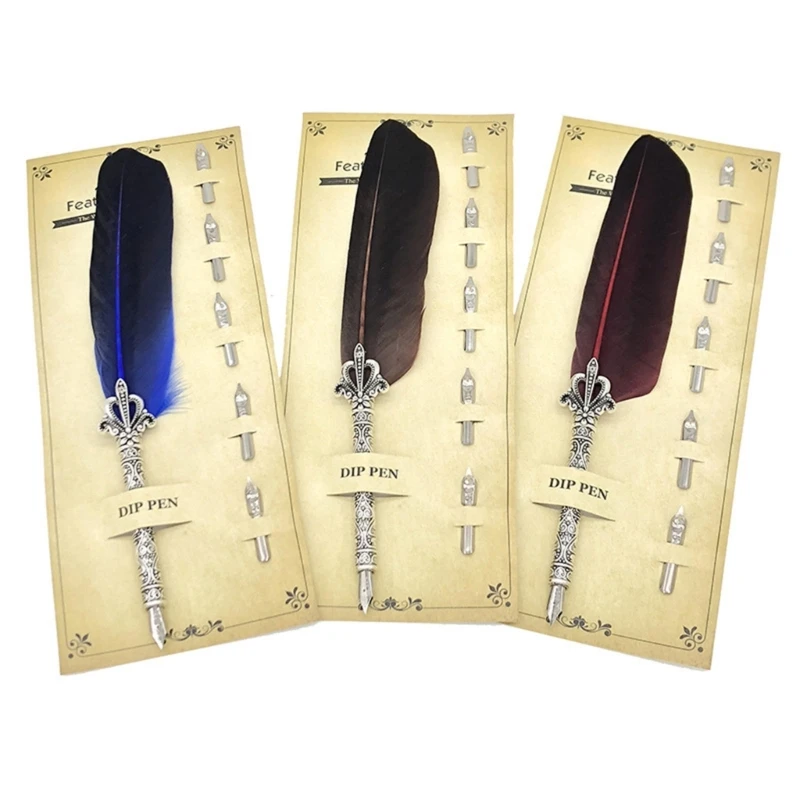 Feather Calligraphy Dip Pen Set - 5 Stainless Steel Nibs & Antique Quill Pen For Writing, Drawing, Signature - View #3