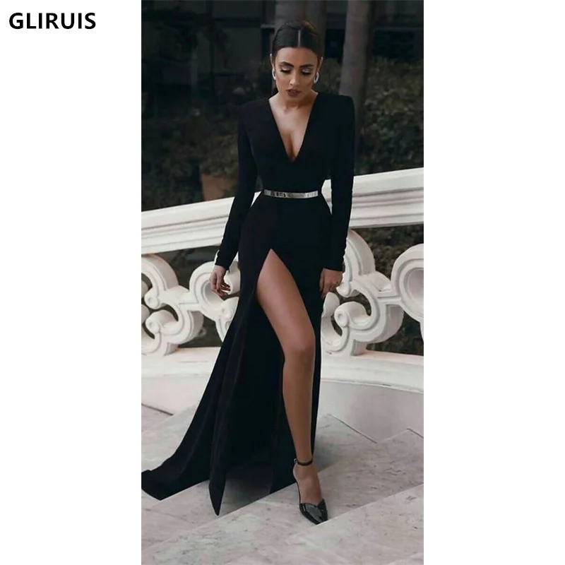 

Black Sexy Prom Dresses Sliver Sash Satin High Split Glitter Formal Evening Dress A Line V-Neck Corset Women Party Gowns 2022