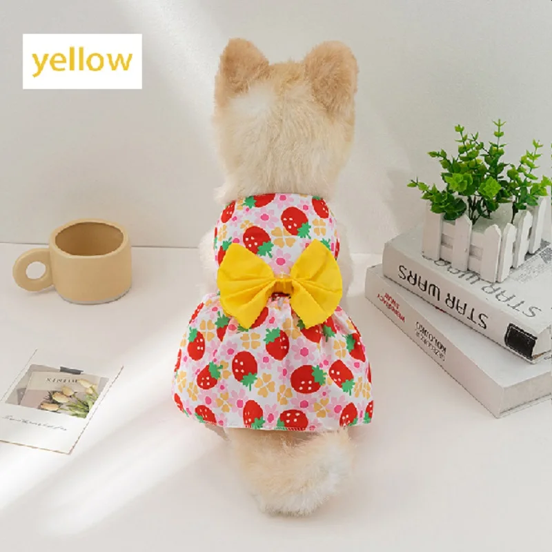 Dog Princess Dress Print Summer with Bowknot Button Sweet Cute Puppy Cat Skirt Thin Pets Wedding Party Chihuahua Clothes images - 6