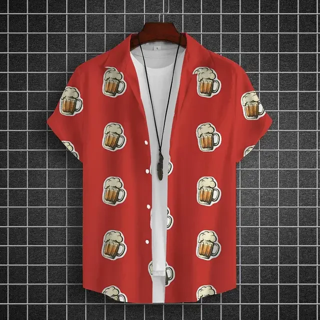 Hawaiian Shirt For Men 3d Beer Printed Short Sleeve Shirts Party Tees Summer Casual Tops Loose Oversized Clothing