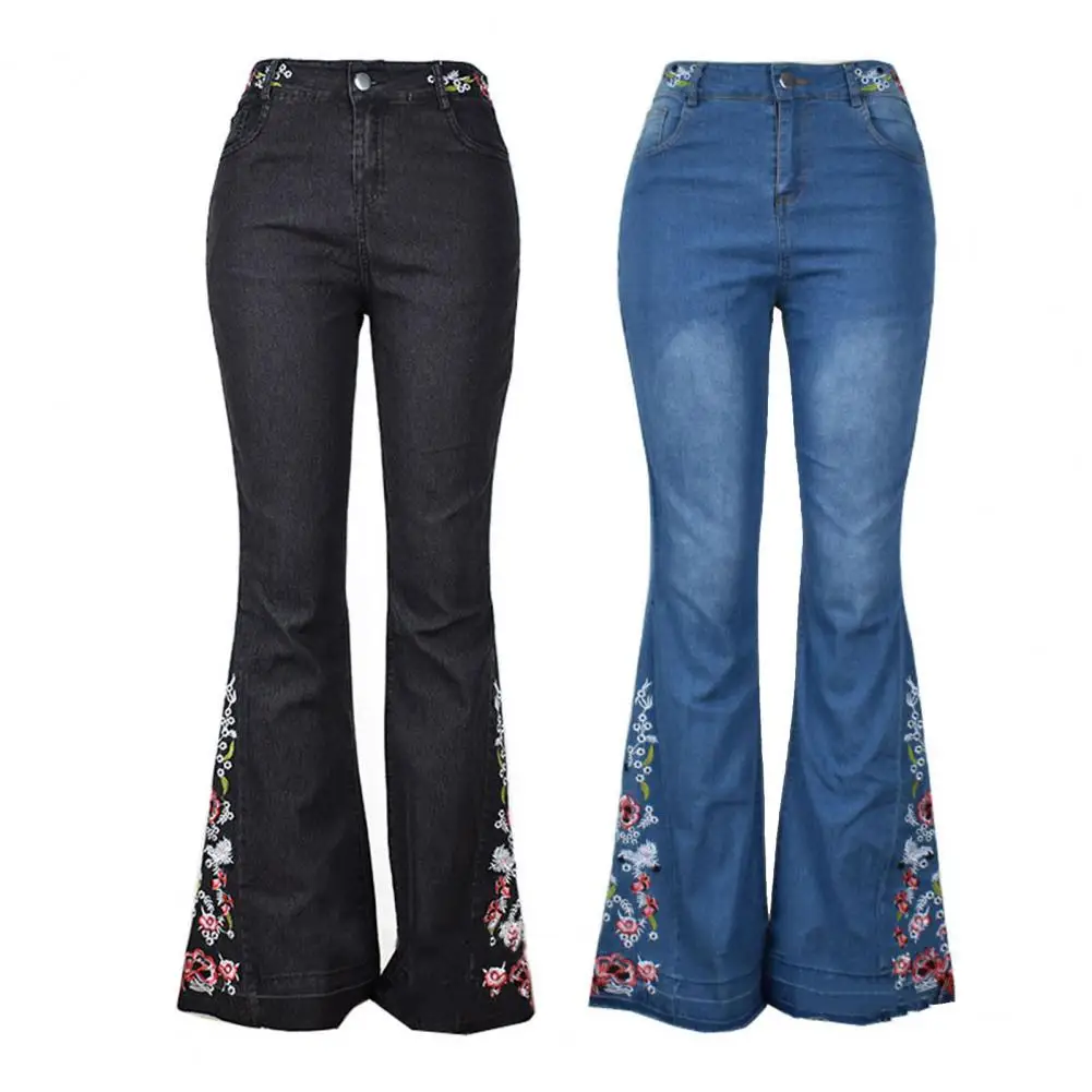 

Women Denim Pants Elastic Waist Trendy Leisure Slim Polyester Flower Embroidered Lady Jeans Flared Trousers pantalones vaqueros