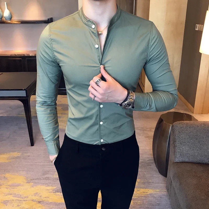 Men Slim Fit Shirt 2025 Autumn Cotton Solid Stand Collar Casual Business Long-sleeved Shirts Male Fashion Camisas Men Clothing Cotton Shirt Long Sleeve Shirt Men Casual Shirt