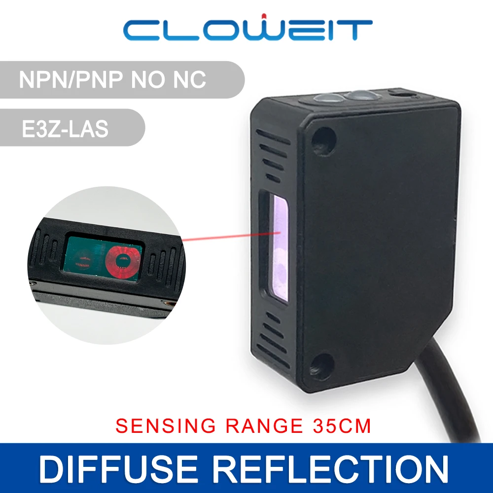 Cloweit Square Laser Sensor 35cm 8m Adjustable NPN PNP Diffuse/Specular Reflection Optical Infrared Photo Proximity Switches E3Z