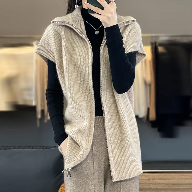 

Zipper turtleneck vest women's 100 pure cashmere autumn European high-end sweater vest loose waistcoat stacked outside.