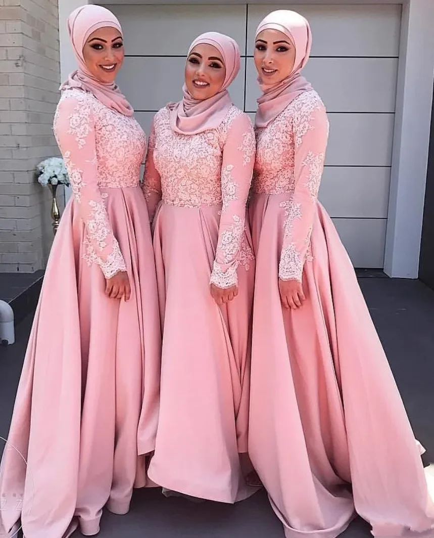 

Arabic Muslim Pink Bridesmaid Dresses Lace Appliques Long Sleeves A Line Satin Wedding Guest Dress With Veil