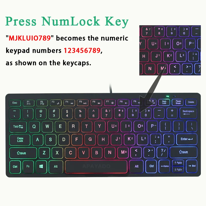 APAYADO K1000 슬림 유선 키보드 78 키 RGB 백라이트 미니 키보드 반투명 키캡 사무실용 조용한 휴대용