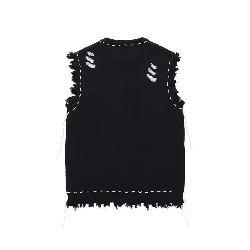 Men's Clothing Waistcoat Torn Knit Sweater Male Sleeveless Icon Hippie Y2k Streetwear Vest with Holes Korean Autumn Wool A