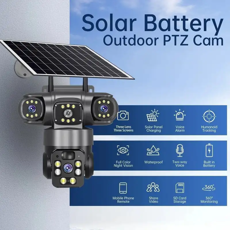15MP IP Wifi Camera Solar Camera Outdoor 3 Lens 3 Screen 10X Zoom PIR Human Detect Cameras Night Vision CCTV Security Protection - Image 2