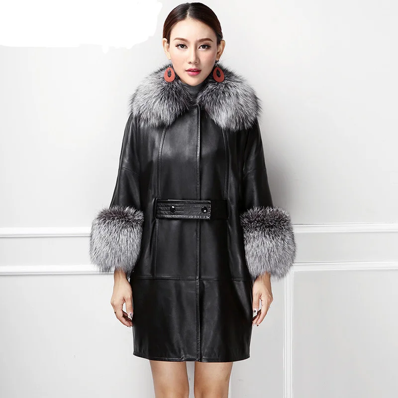 

PU Leather Real Fur Coat Female Fox Fur Collar Faux Leather Jacket Winter Sheepskin Coat Women Clothes 2020 Tops Windbreaker