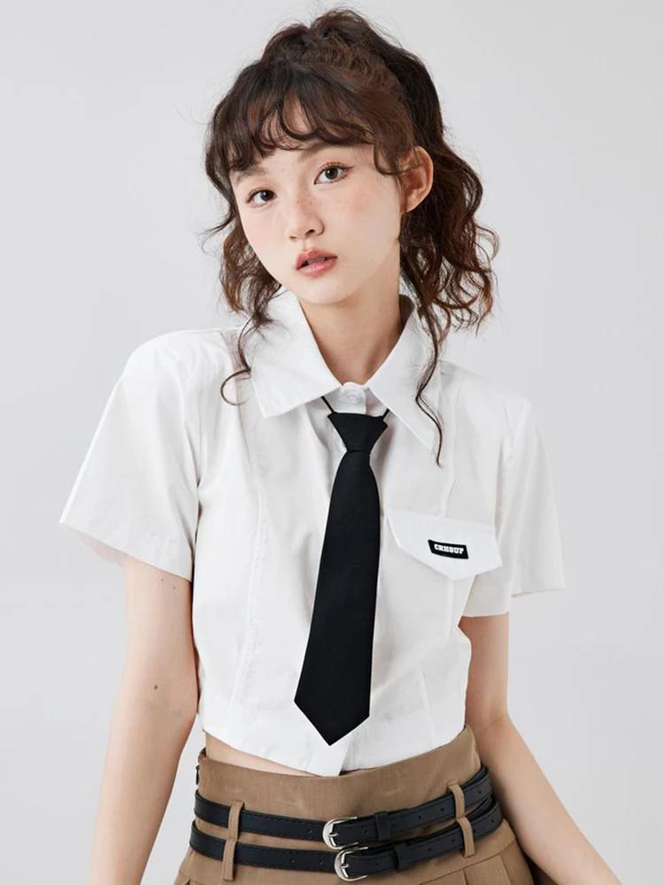 

Zoki Sexy Cropped Jk Tie Shirt Women Sweet Japan Short Sleeve Blouse Cute Preppy Style Casual Female Fashion Kawaii Summer Tops