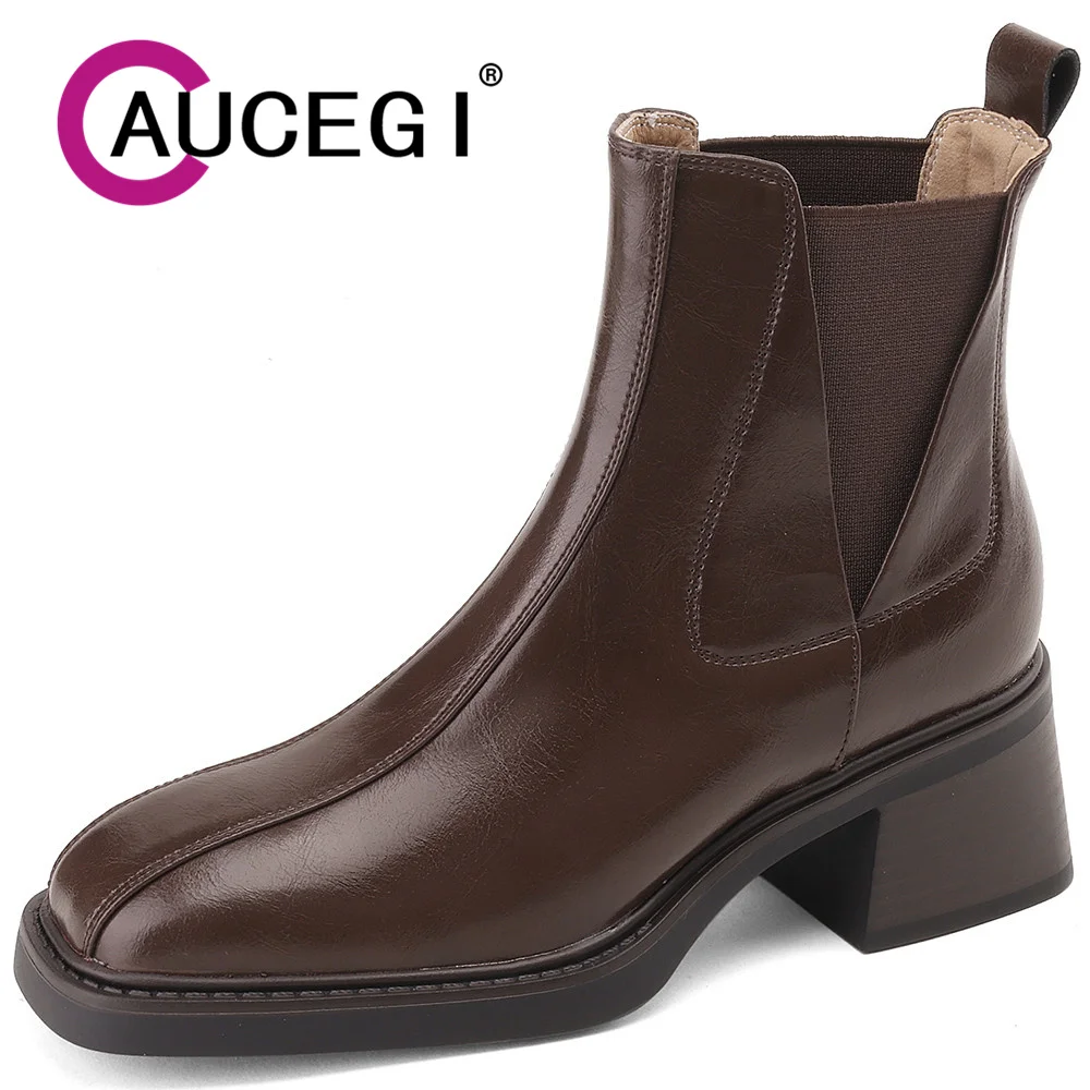 

Aucegi New Fashion High Quality Genuine Leather Chelsea Short Ankle Boots Women Chunky Heel Handmade Square Toe Casual Shoes