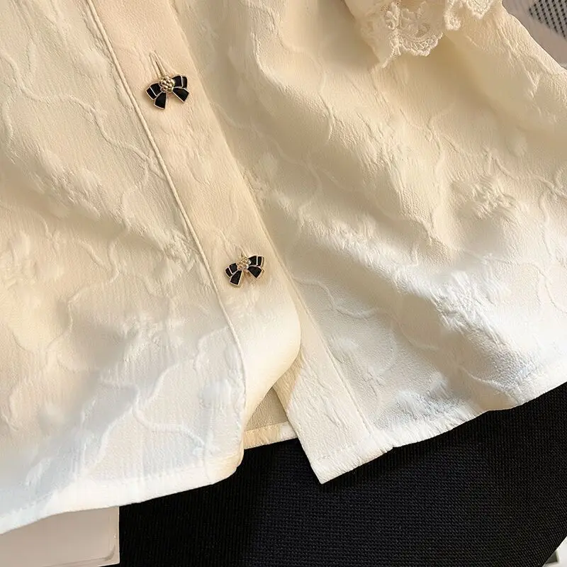 피터팬 칼라 셔츠 여성 카와이 레이스 부드러운 유행 프랑스 스타일 Mujer Blusas 여름 새로운 디자인 우아한 퍼프 슬리브 옷
