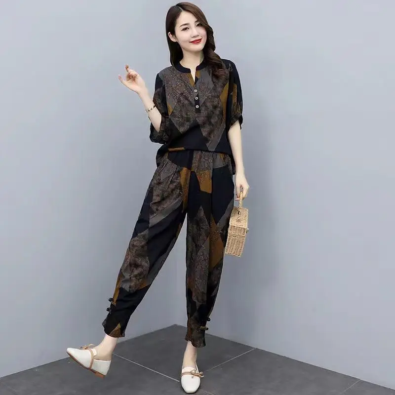 

Cotton and Linen Suit Women's 2022 Summer New Women's Clothing Fashion Mother Clothing Temperament Casual Printing Two-piece Set