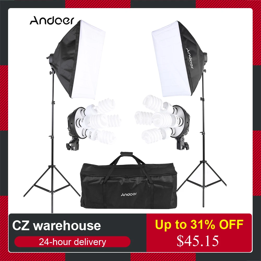 Andoer Studio Photo Lighting Kit Photography Kit with 2 Softbox 2 4in1 Bulb Socket 8 45W Bulb 2