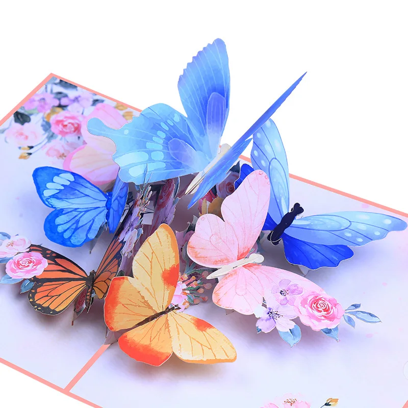 3D Pop Up Butterfly Card Cartão De Aniversário Lembranças De Casamento Presente Cartão Postal Borboleta Dança Nas Flores Obrigado Cartão
