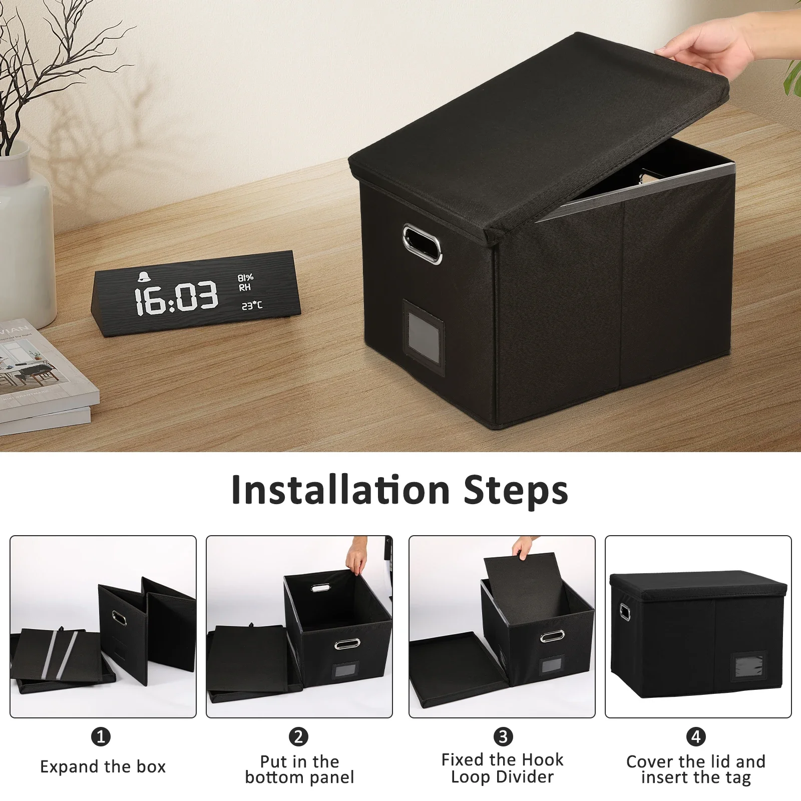 Folding File Storage Box Hanging File Filing Box with Label Slot Fabric Folder Organizer Box Portable Organizer Box with Lid 5