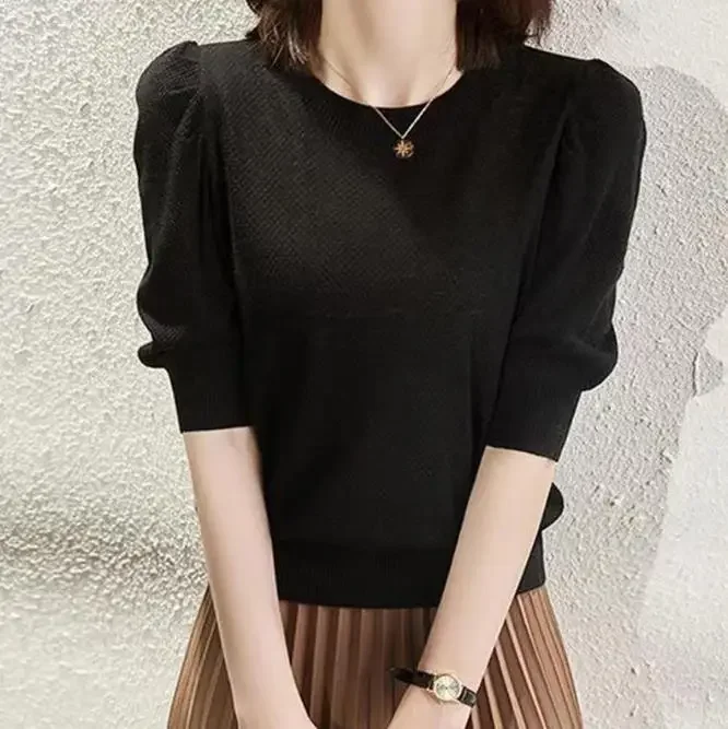 

Ice Bubble Sleeves Round Neck Knit T-shirt