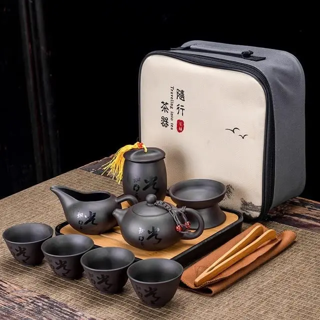 Portable Tea Pot Set Ceramic Purple Clay Teapot One Pot Six Cup Outdoor Travel Tea Pot Porcelain Kettle